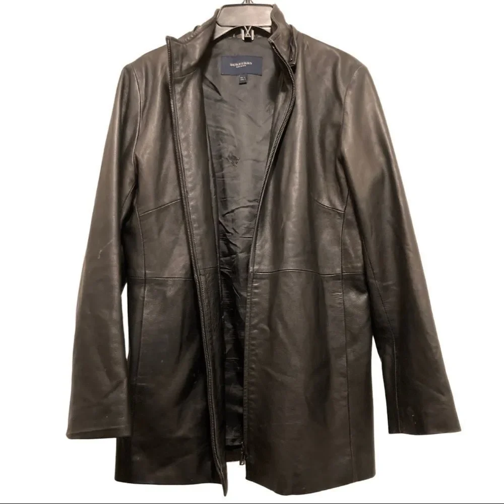 Burberry London Black Leather Bomber with Fur Hood